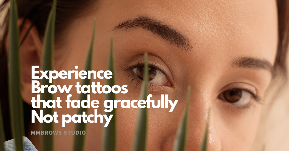 Close-up of soft, natural brow tattoo with clean fade